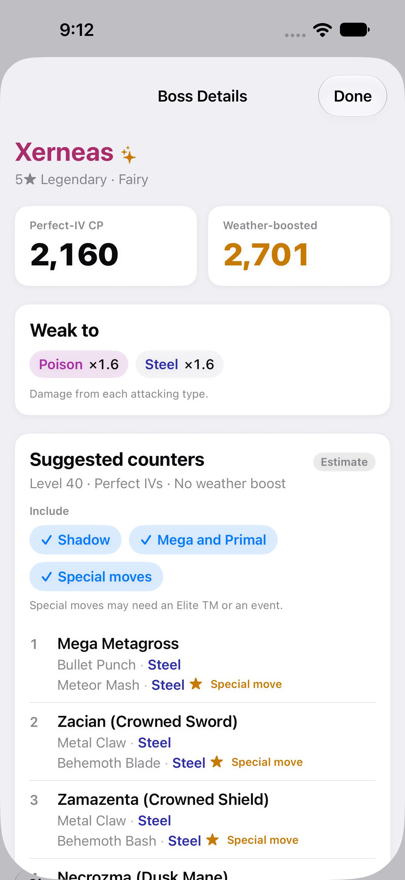 Boss Details for Xerneas: perfect-IV CP 2,160, weather-boosted 2,701, weak to Poison and Steel, with Mega Metagross first in suggested counters.