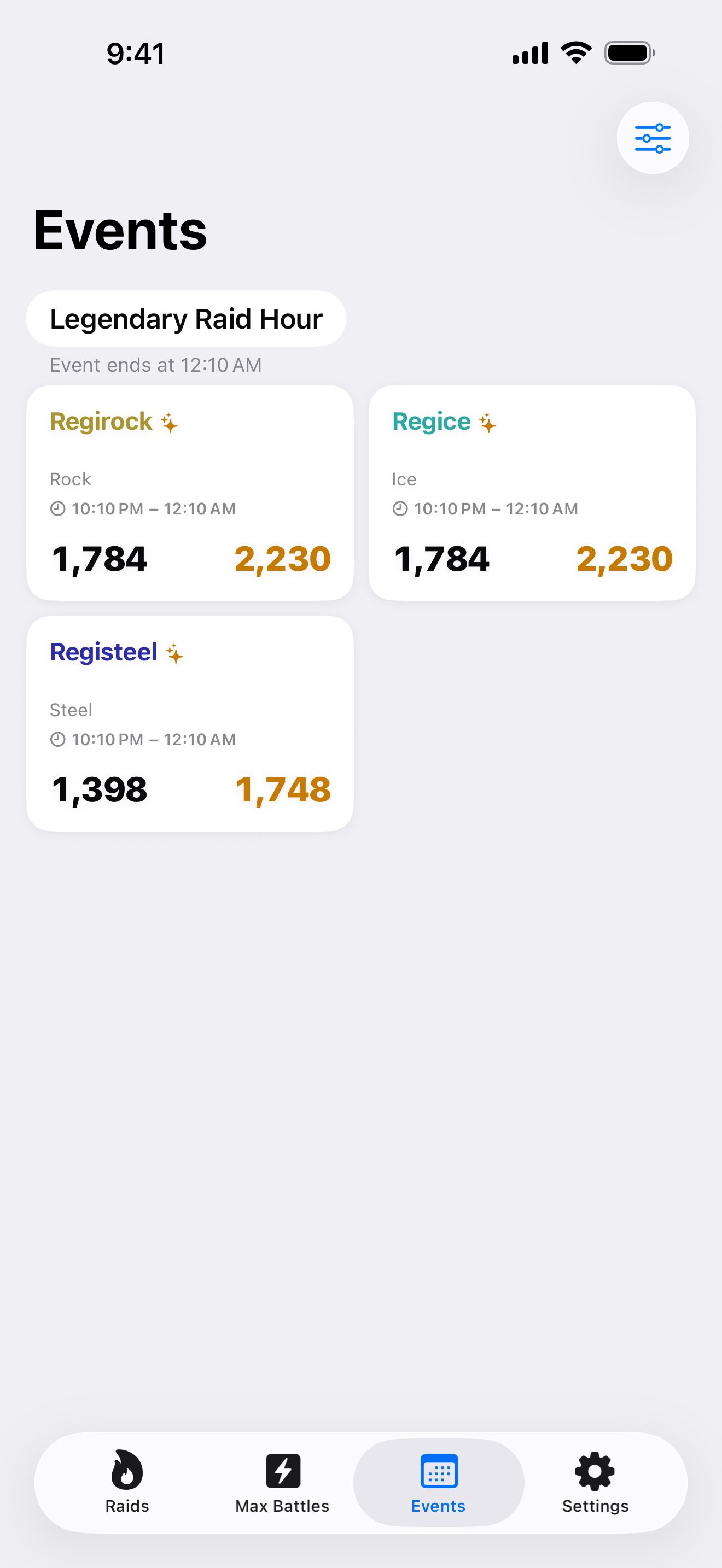 The Events screen during a Legendary Raid Hour: Regirock, Regice, and Registeel from 10:10 PM to 12:10 AM with their Hundo Values.