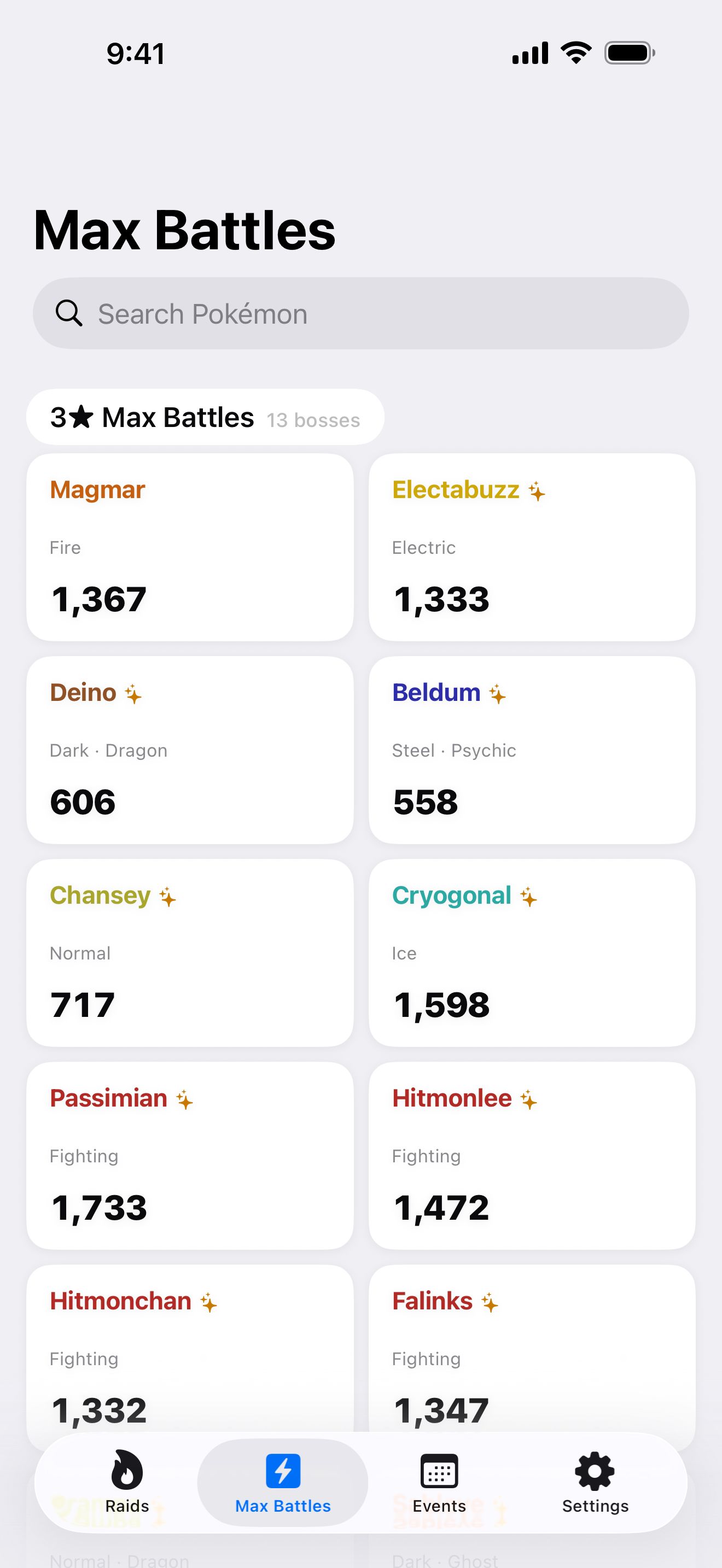 The Max Battles screen: 3-star Max Battles such as Magmar 1,367, Electabuzz 1,333, Deino 606, and Beldum 558.