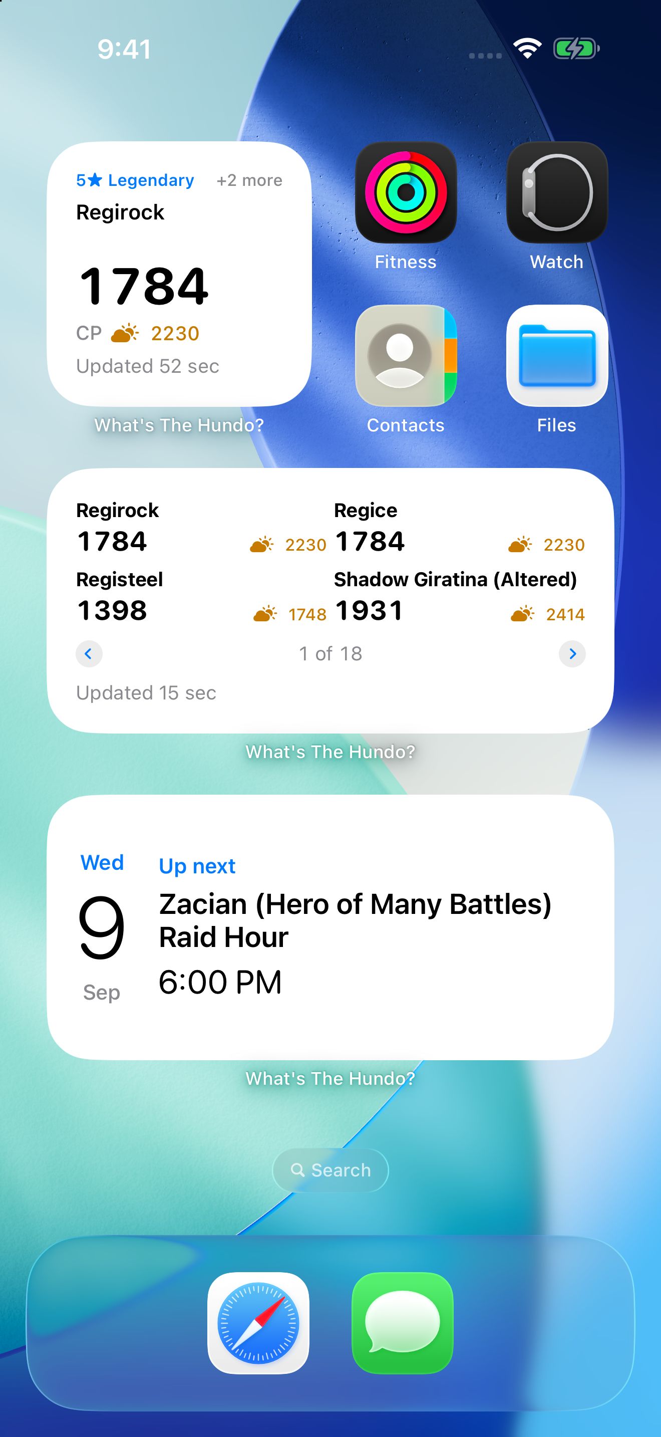 An iPhone Home Screen with three What's The Hundo? widgets: Regirock 1784 and 2230, a four-boss grid, and the next Raid Hour.