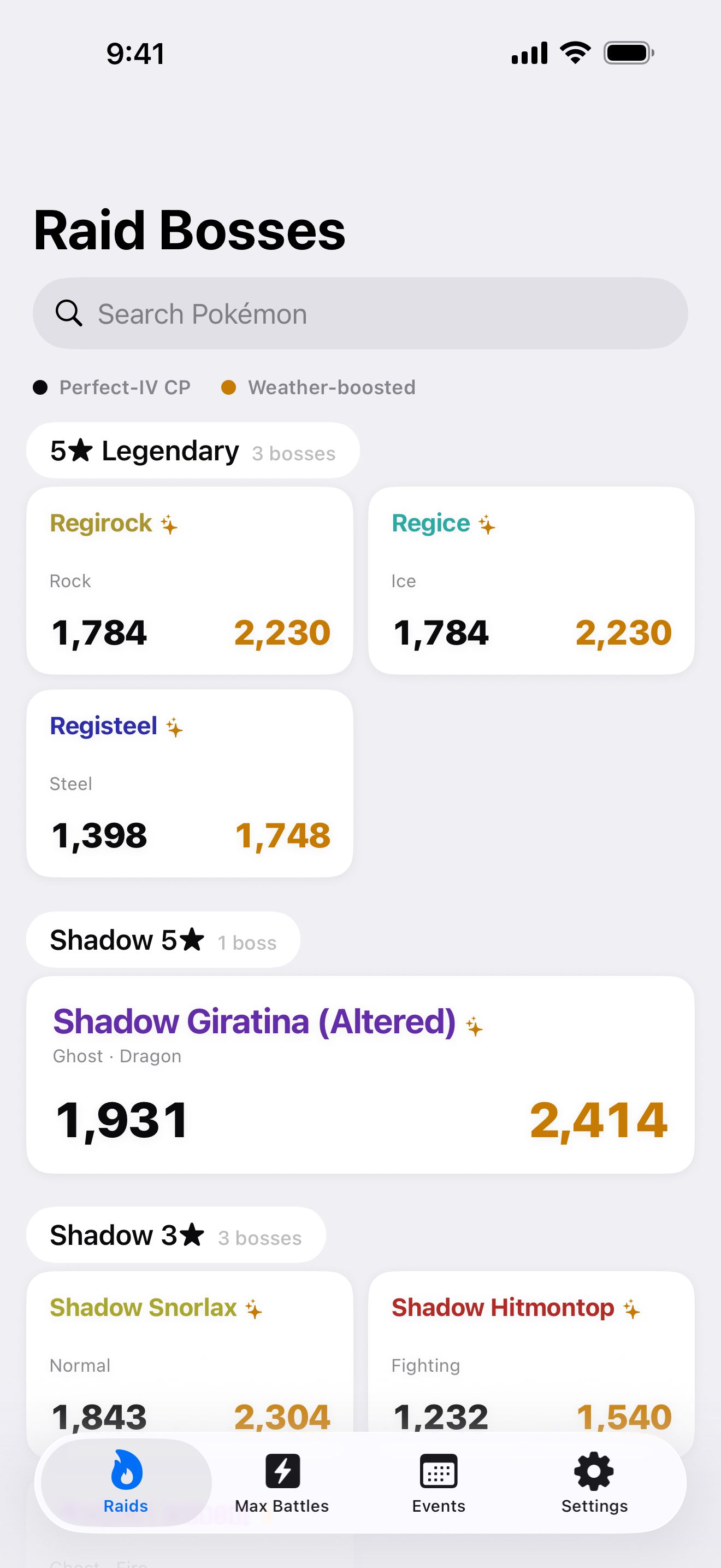 The Raid Bosses screen: Regirock 1,784 and 2,230, Regice 1,784 and 2,230, Registeel 1,398 and 1,748, Shadow Giratina (Altered) 1,931 and 2,414.